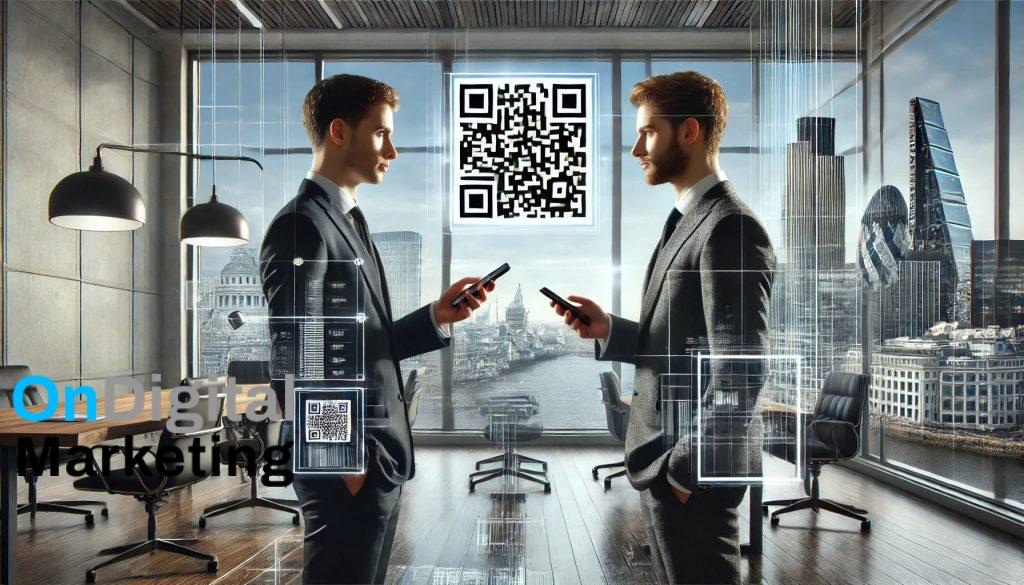 Professional exchanging digital business cards with QR code in London